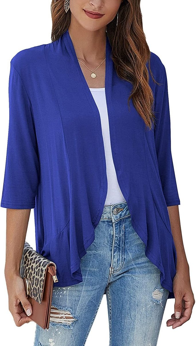 Women's Cardigan Lightweight Open Front 3/4 Sleeve Draped - Blue