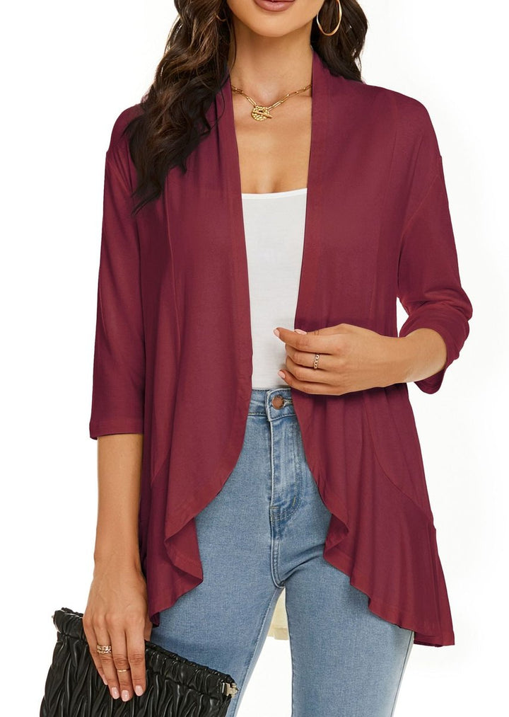 Women's Cardigan Lightweight Open Front 3/4 Sleeve Draped - Burgundy