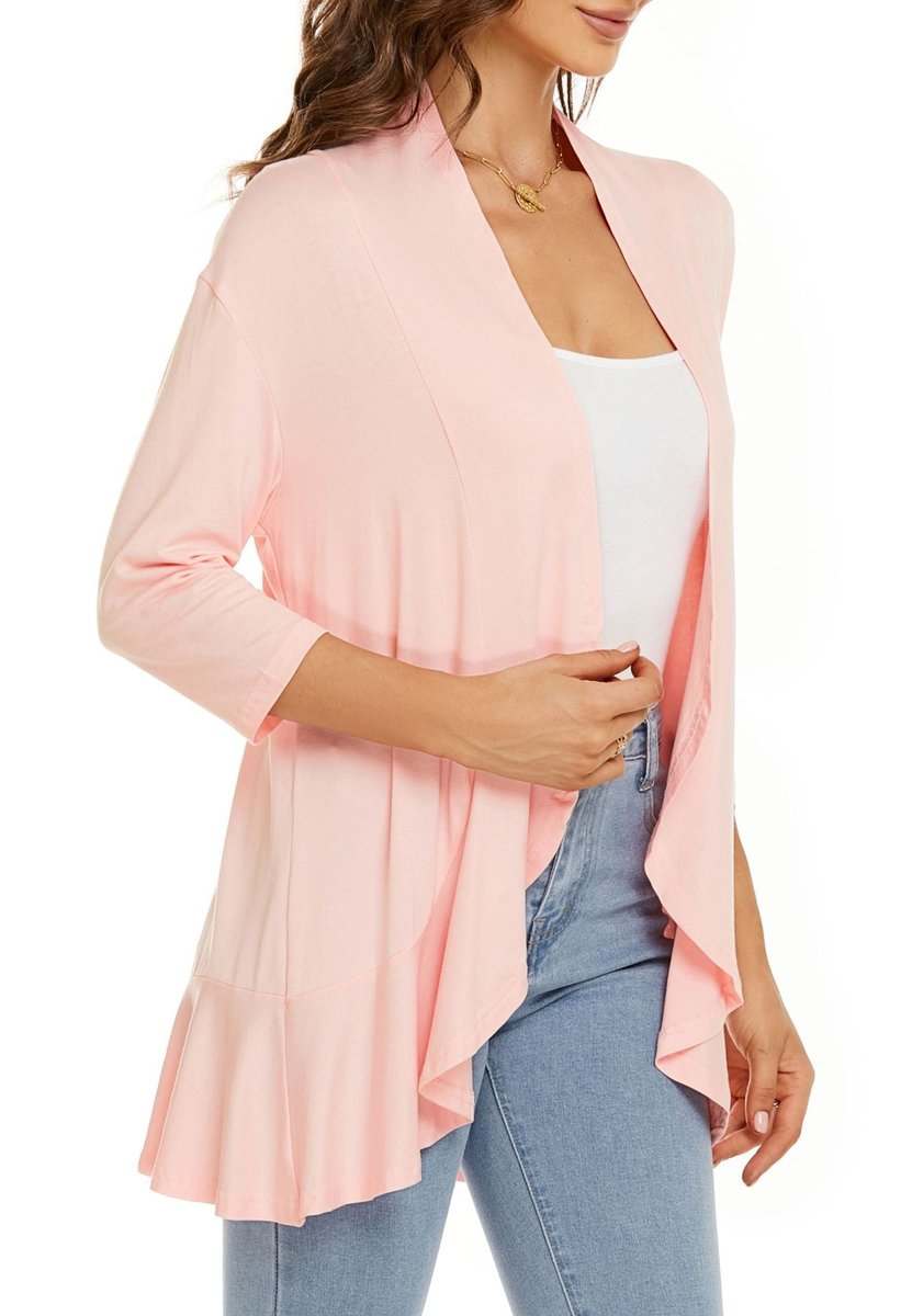 Women's Cardigan Lightweight Open Front 3/4 Sleeve Draped - Pink