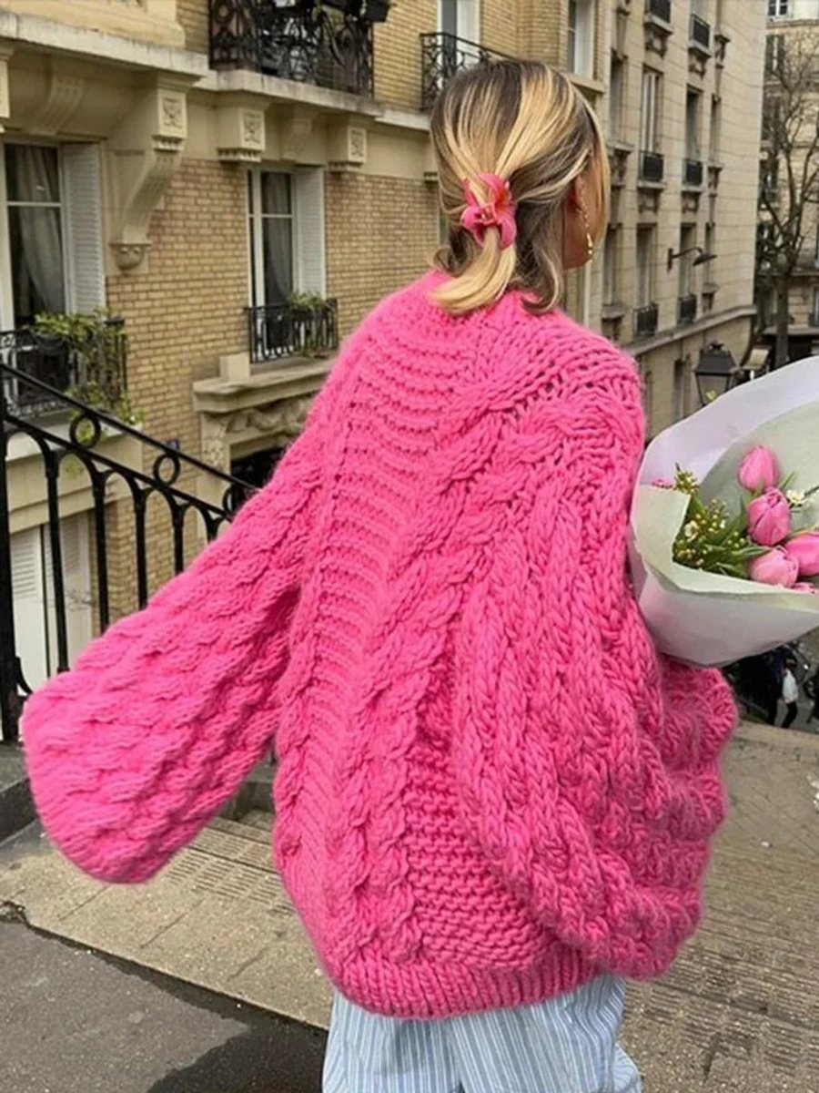 Women's Cardigan Oversized Chunky Cable-Knit Jumper - Pink