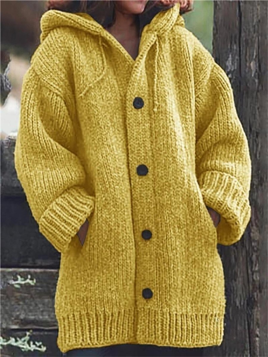 Women's Cardigan Oversized Hooded Button-Up Knit Jumper - Yellow