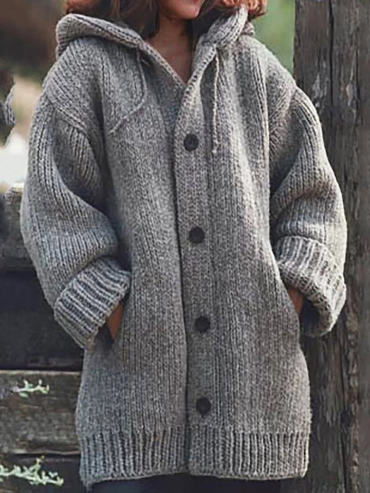 Women's Cardigan Oversized Hooded Button-Up Knit Jumper - Grey