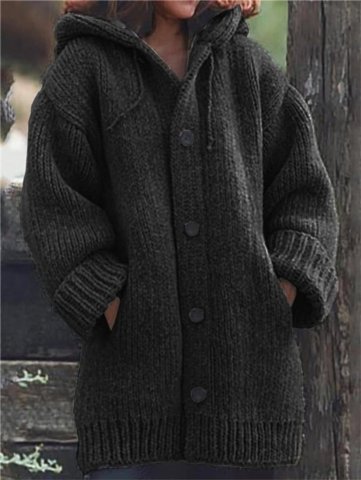 Women's Cardigan Oversized Hooded Button-Up Knit Jumper - Black
