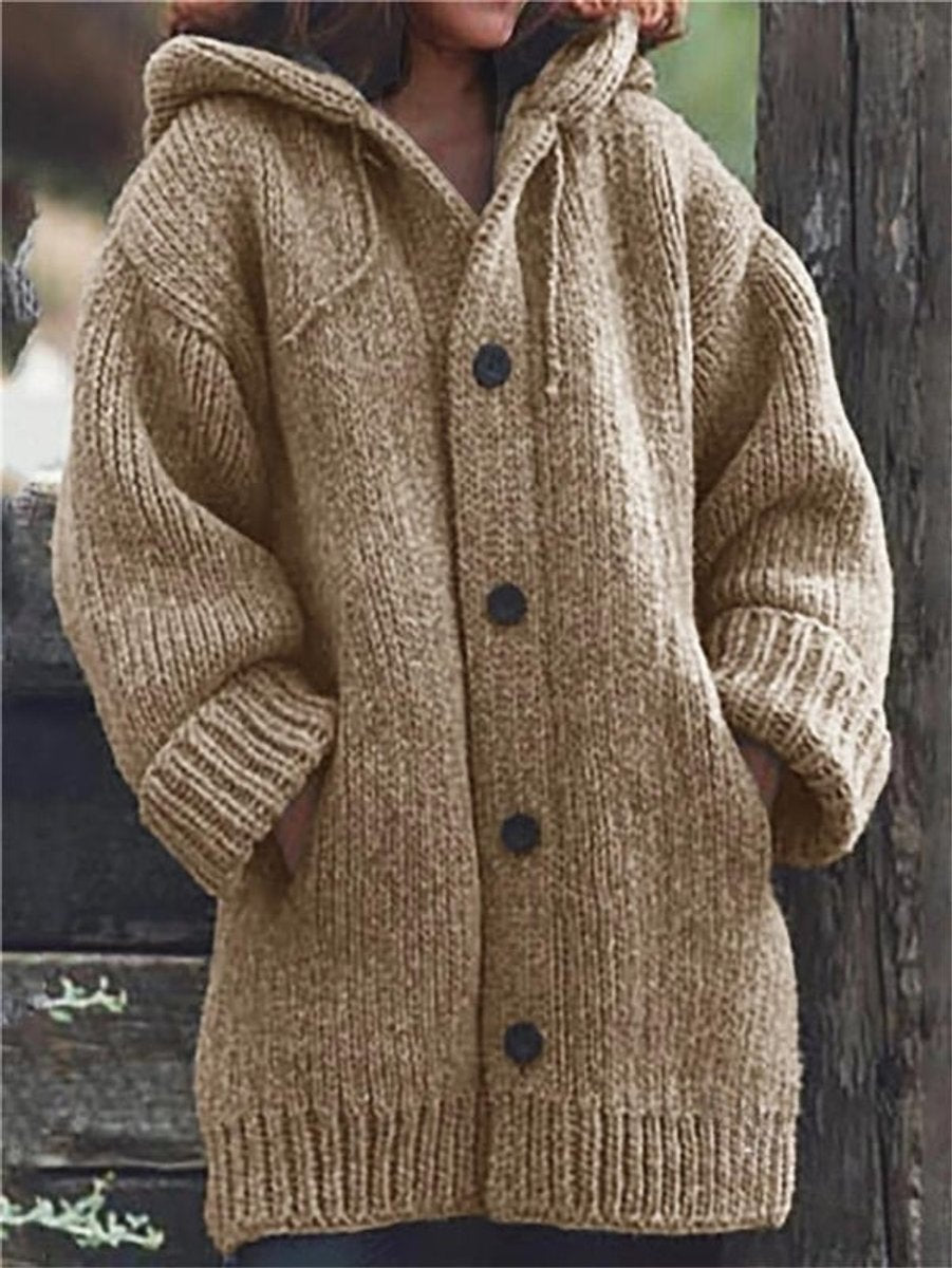 Women's Cardigan Oversized Hooded Button-Up Knit Jumper - Khaki