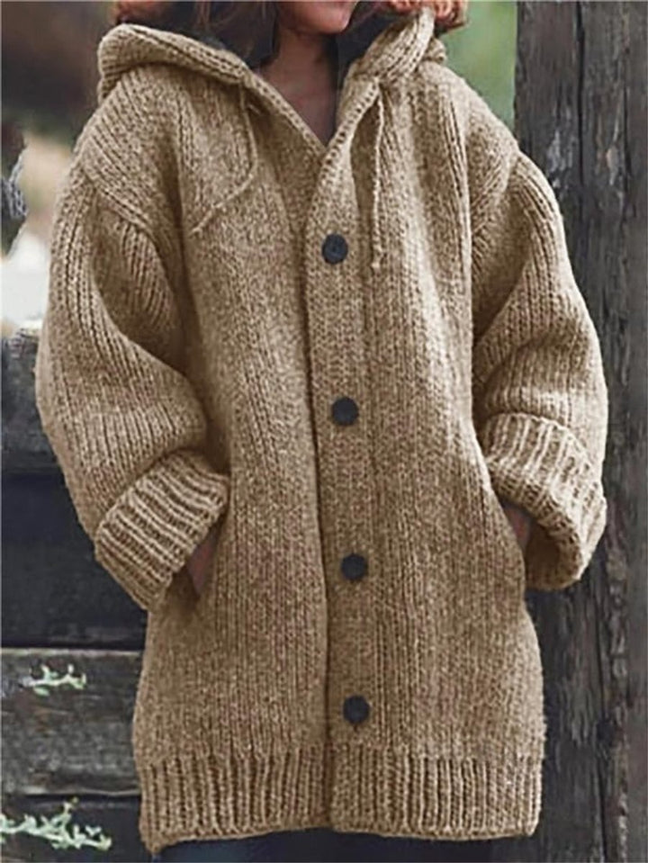Women's Cardigan Oversized Hooded Button-Up Knit Jumper - Khaki