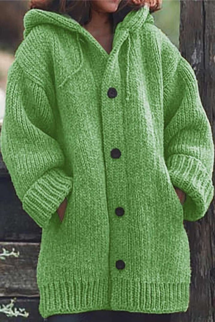 Women's Cardigan Oversized Hooded Button-Up Knit Jumper - Green