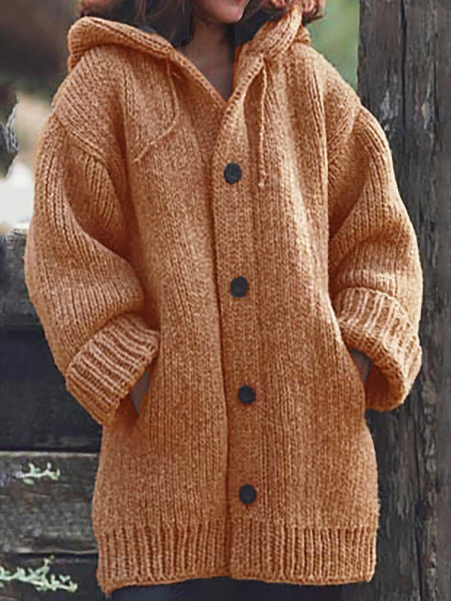 Women's Cardigan Oversized Hooded Button-Up Knit Jumper - Orange