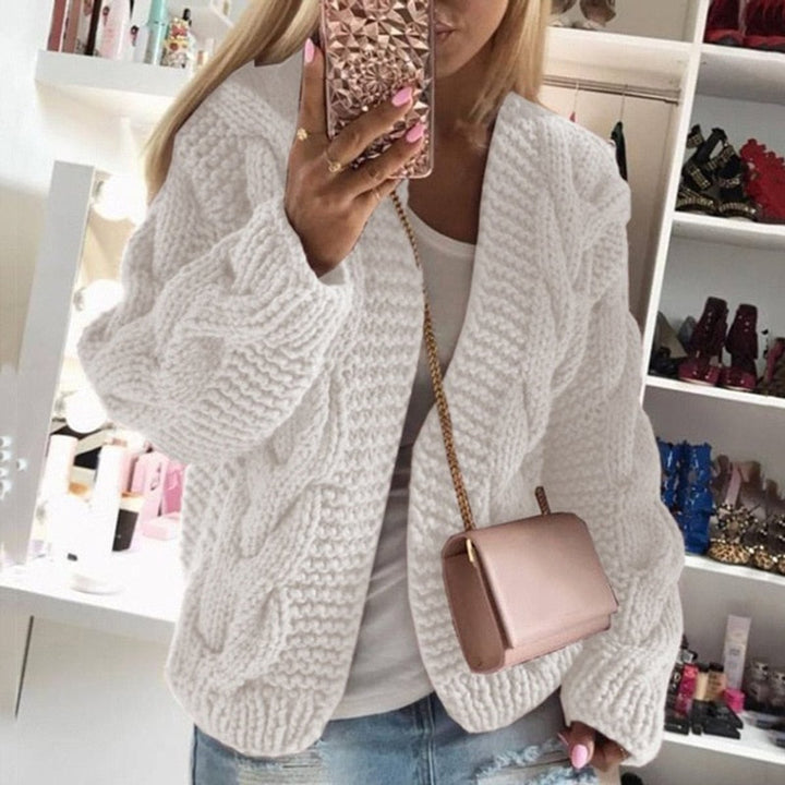 Womens Cardigan Oversized Open-Front Chunky Cable Knit - White
