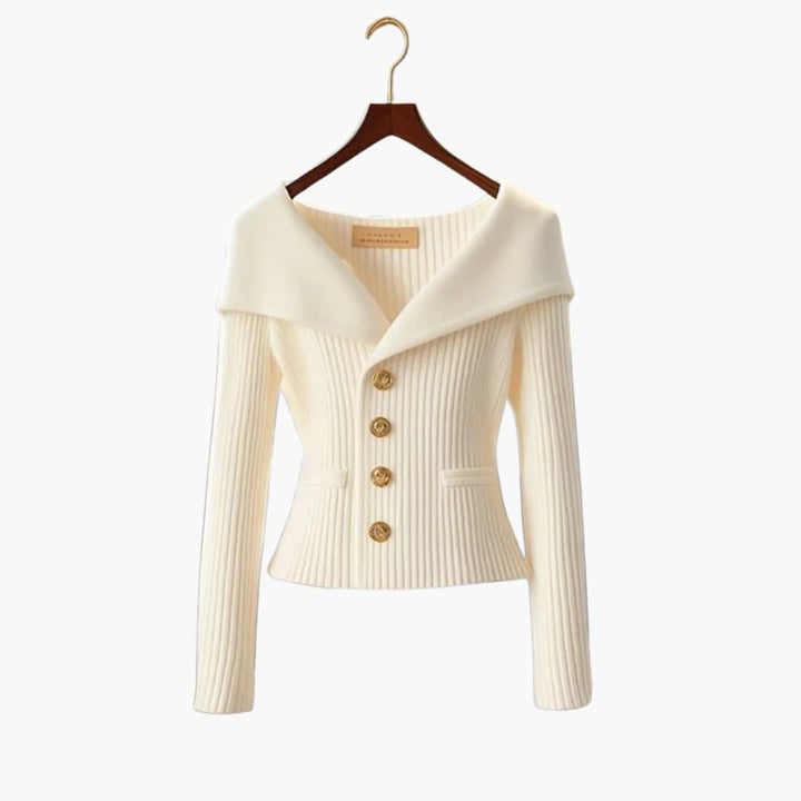 Women's Cardigan Ribbed Knit Off-Shoulder Button-Up Jumper - White