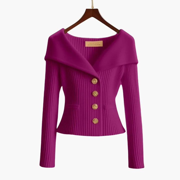 Women's Cardigan Ribbed Knit Off-Shoulder Button-Up Jumper - Violet