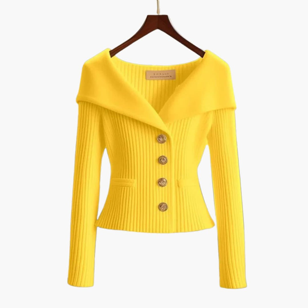 Women's Cardigan Ribbed Knit Off-Shoulder Button-Up Jumper - Yellow