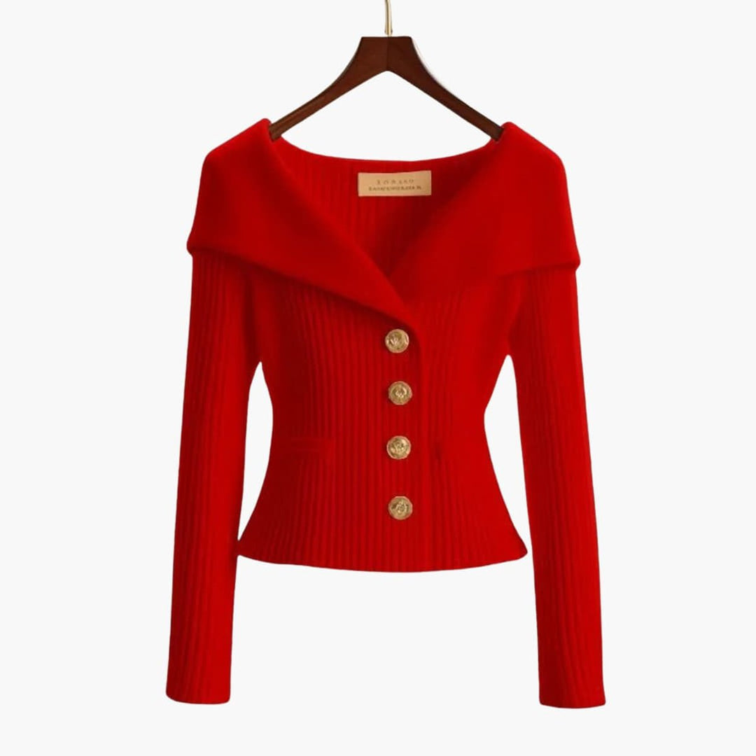 Women's Cardigan Ribbed Knit Off-Shoulder Button-Up Jumper - Red