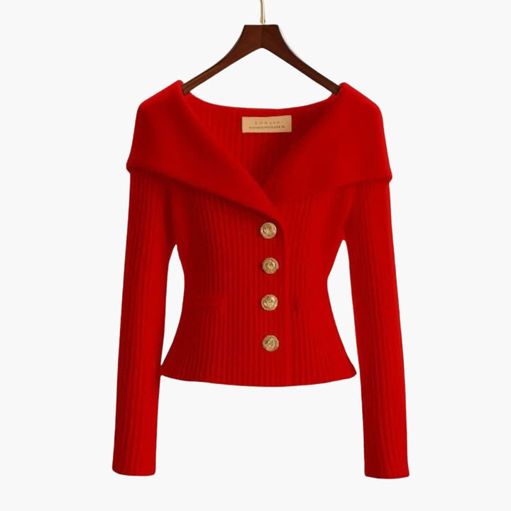 Women's Cardigan Ribbed Knit Off-Shoulder Button-Up Jumper - Red