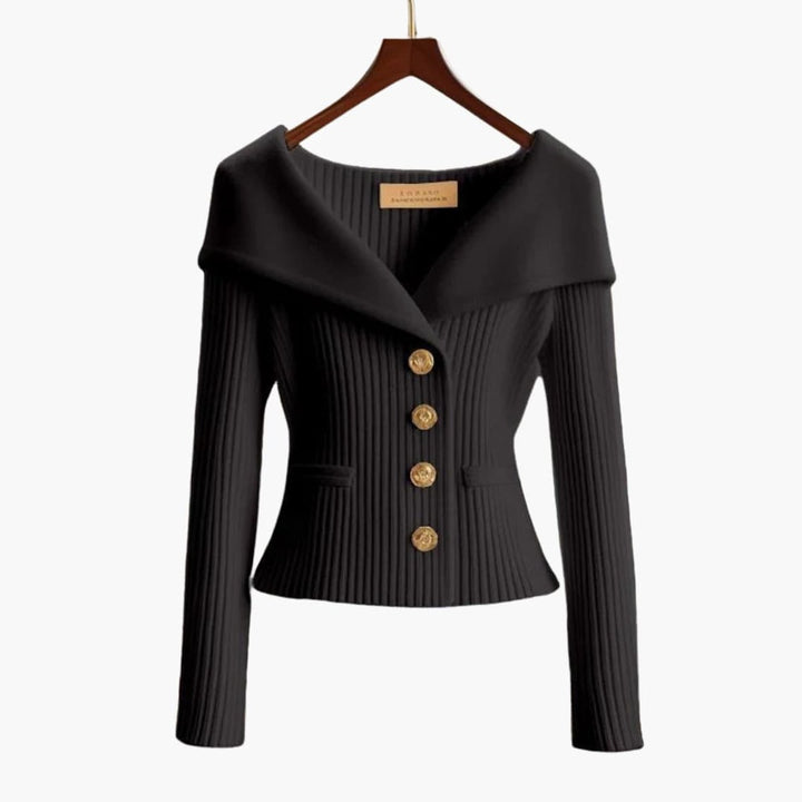 Women's Cardigan Ribbed Knit Off-Shoulder Button-Up Jumper - Black