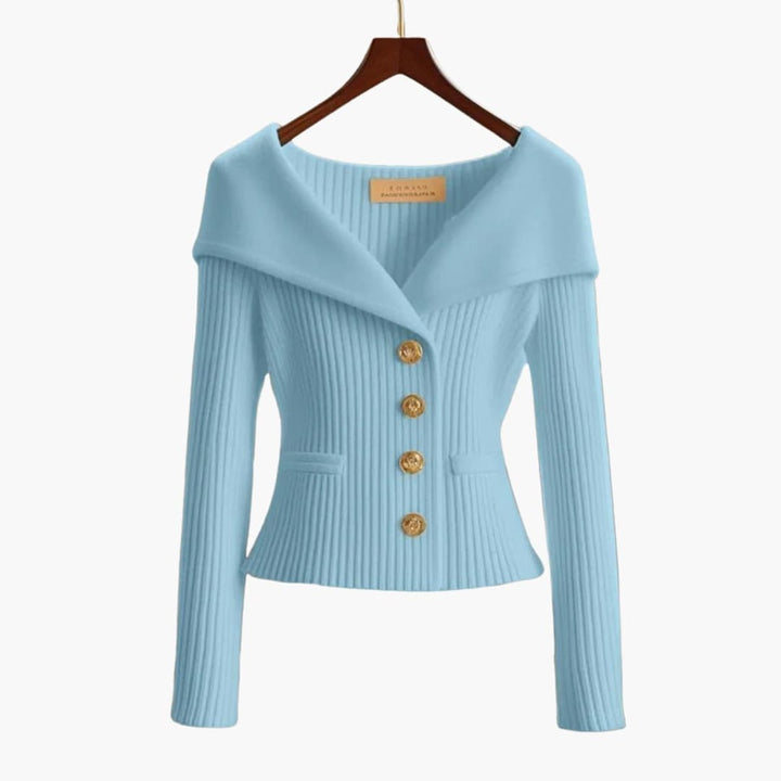 Women's Cardigan Ribbed Knit Off-Shoulder Button-Up Jumper - Light Blue