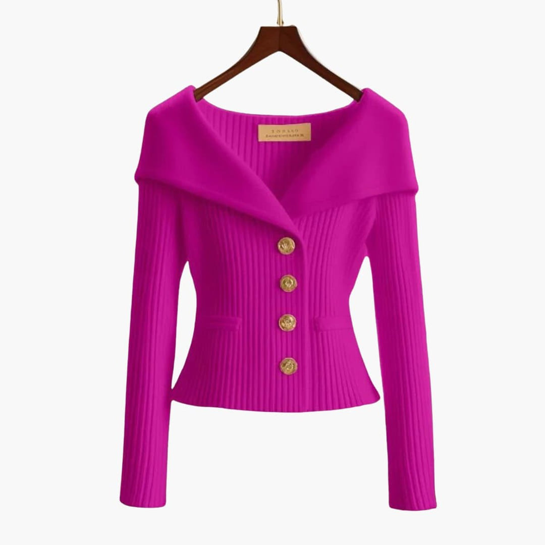 Women's Cardigan Ribbed Knit Off-Shoulder Button-Up Jumper - Purple