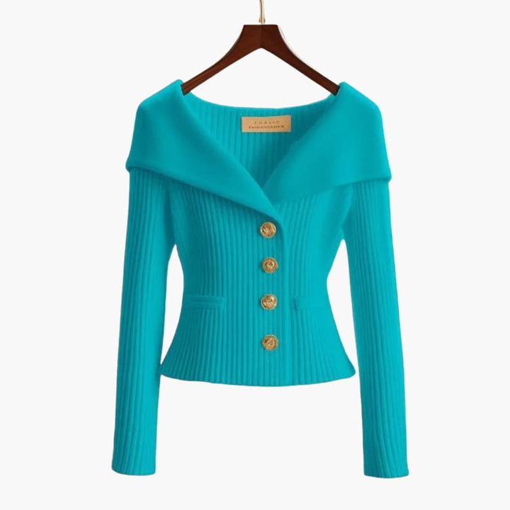 Women's Cardigan Ribbed Knit Off-Shoulder Button-Up Jumper - Blue