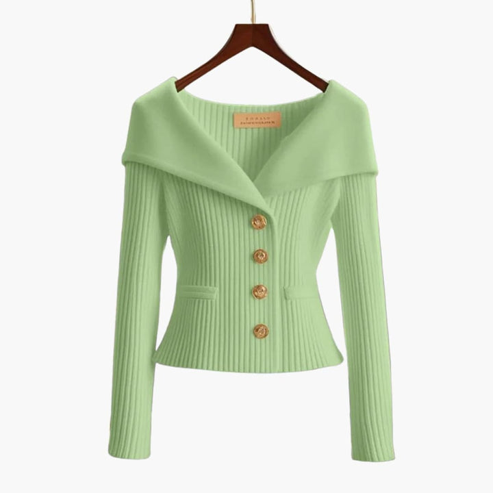 Women's Cardigan Ribbed Knit Off-Shoulder Button-Up Jumper - Green