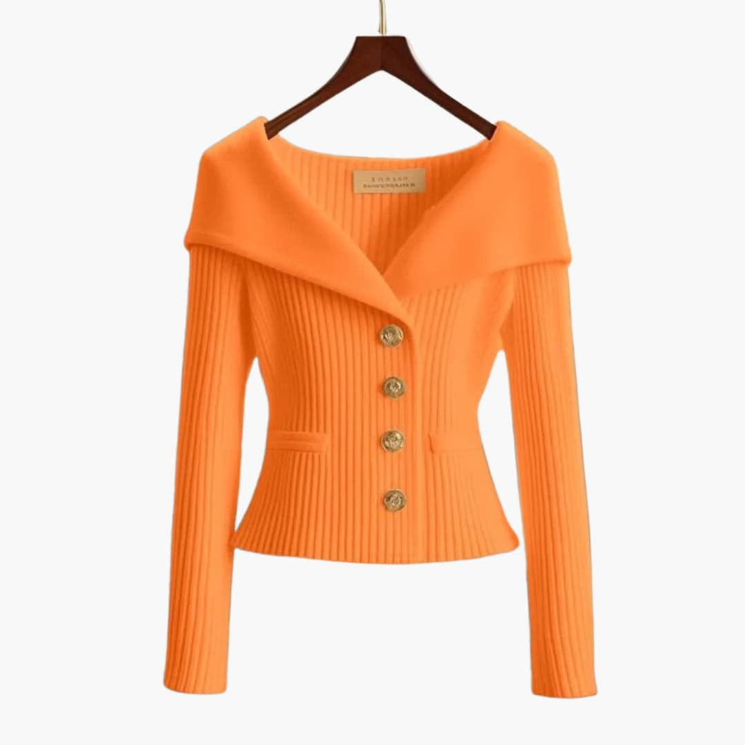 Women's Cardigan Ribbed Knit Off-Shoulder Button-Up Jumper - Orange