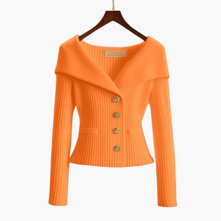 Women's Cardigan Ribbed Knit Off-Shoulder Button-Up Jumper - Orange