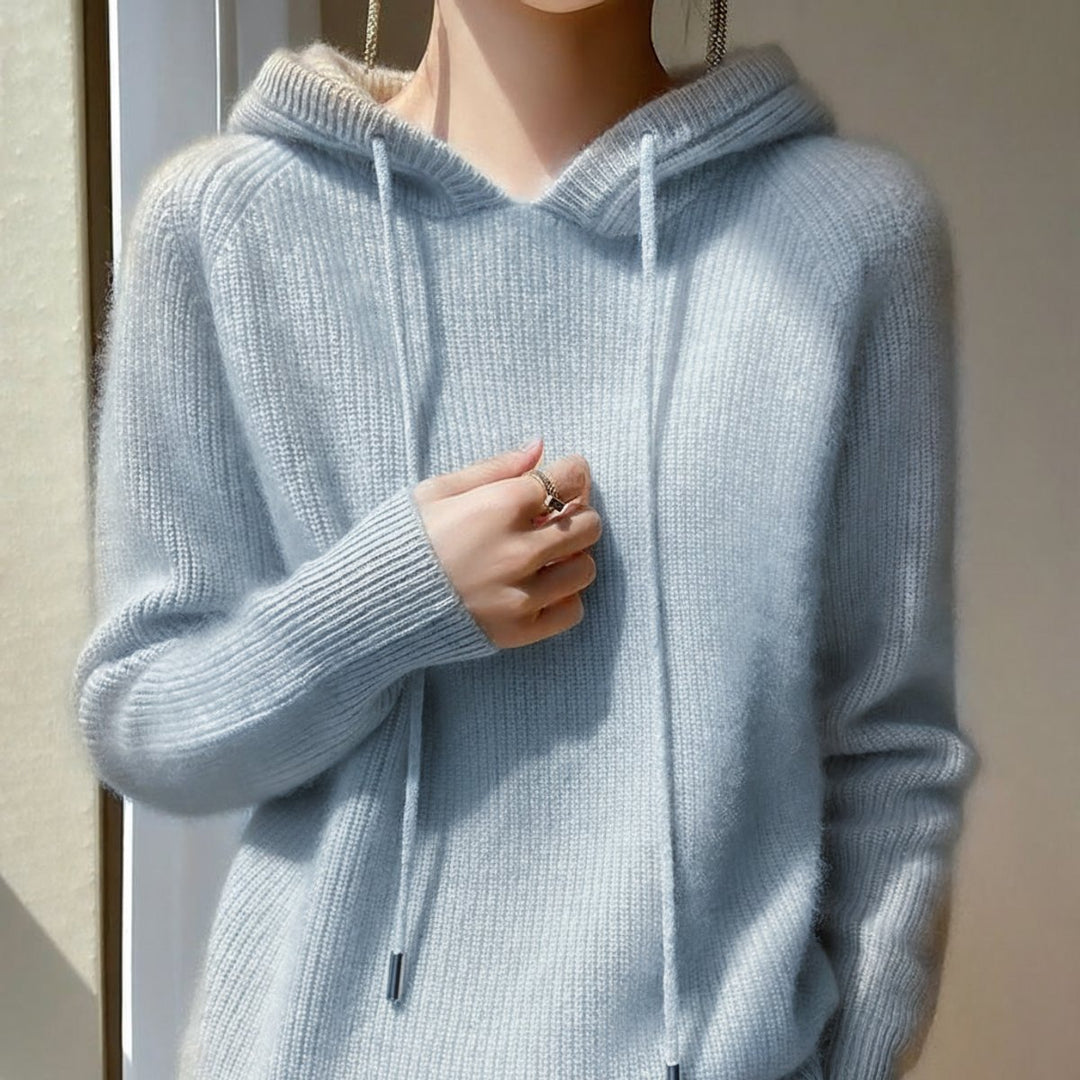 Women's Cashmere Mink Hooded Knit Jumper Drawstring Pullover