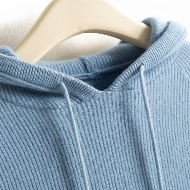 Women's Cashmere Mink Hooded Knit Jumper Drawstring Pullover - Blue