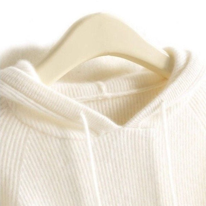 Women's Cashmere Mink Hooded Knit Jumper Drawstring Pullover - White