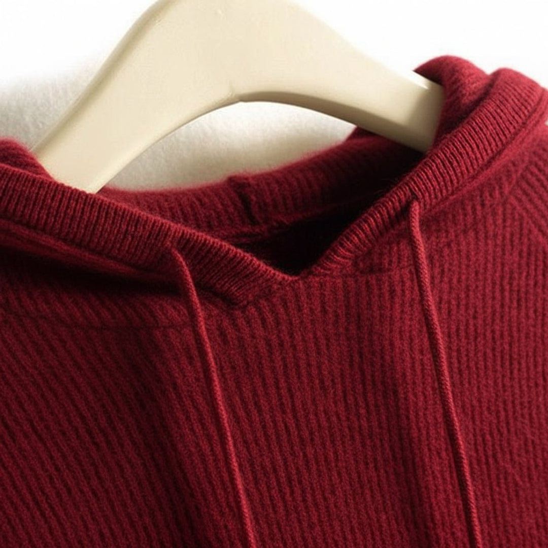 Women's Cashmere Mink Hooded Knit Jumper Drawstring Pullover - Merlot