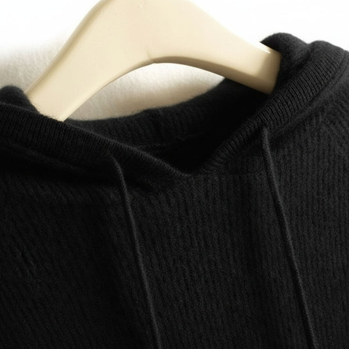Women's Cashmere Mink Hooded Knit Jumper Drawstring Pullover - Black