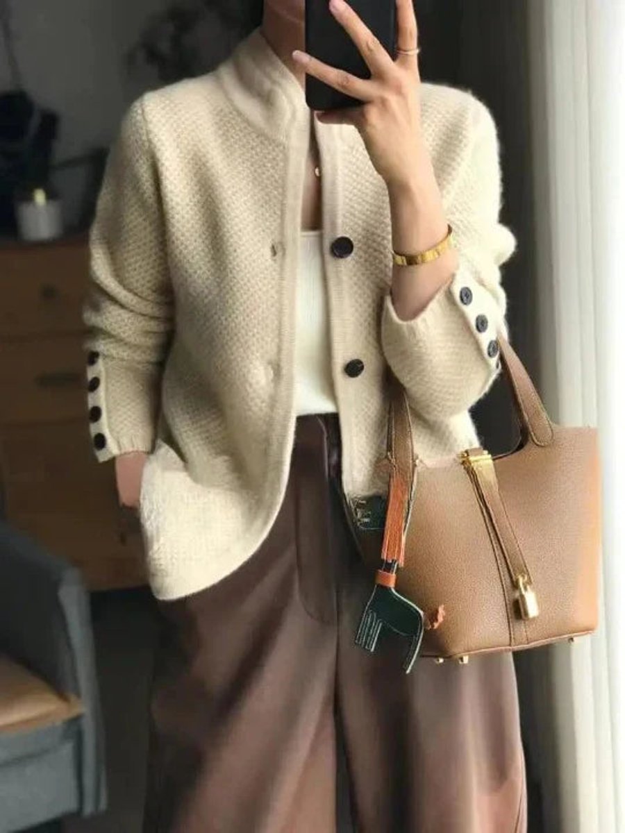 Women's Cashmere Wool Button-Up Knit Cardigan - Beige