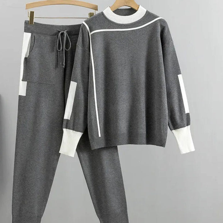 Women's Casual Knit Two-Piece Jogger Pants Set - Grey