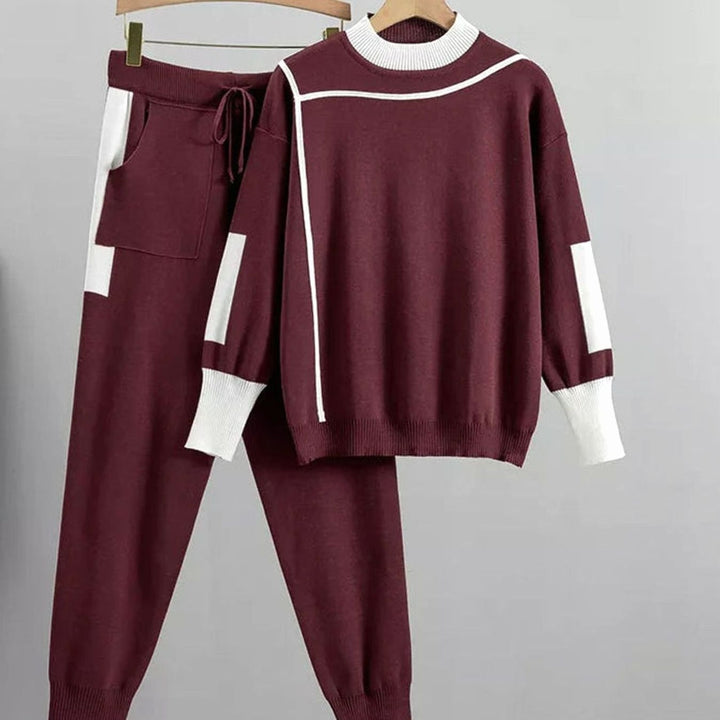 Women's Casual Knit Two-Piece Jogger Pants Set - Red