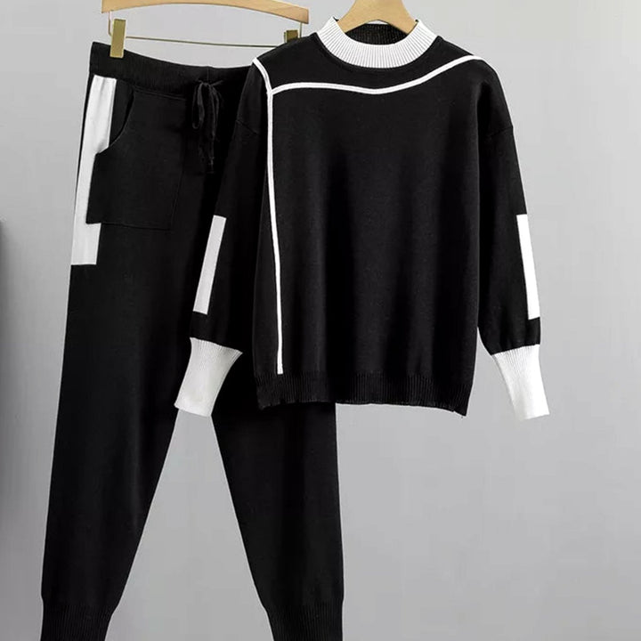 Women's Casual Knit Two-Piece Jogger Pants Set - Black