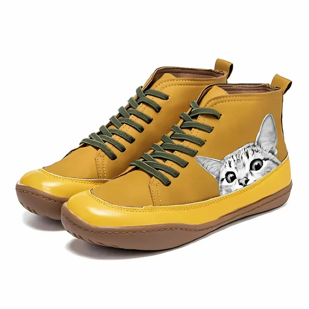 Women's Cat Print Lace-Up Leather Ankle Boots - Yellow
