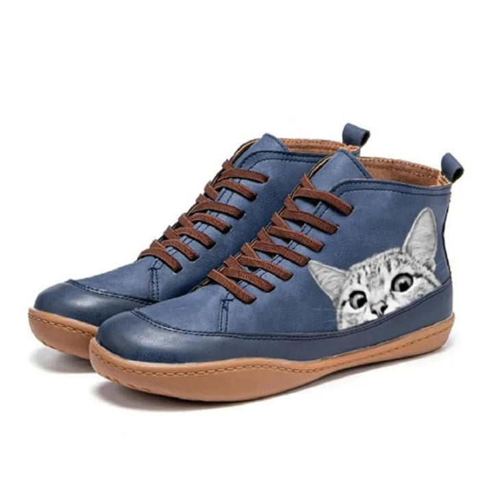 Women's Cat Print Lace-Up Leather Ankle Boots - Blue