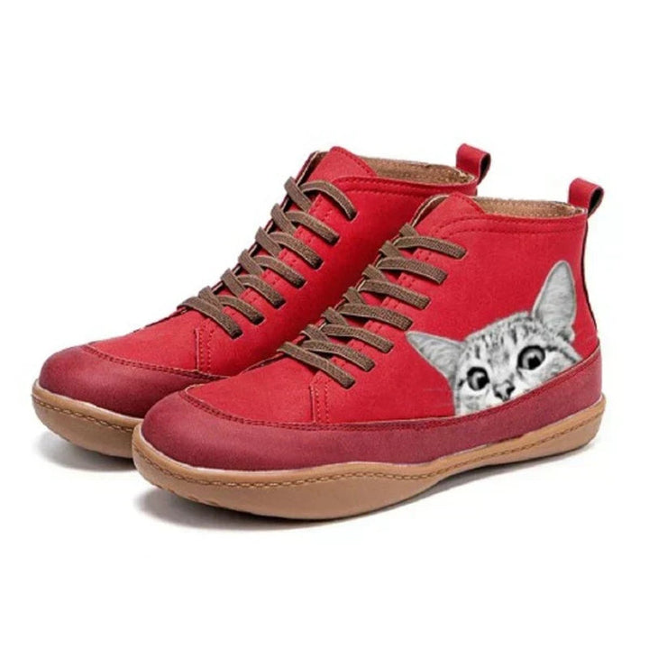 Women's Cat Print Lace-Up Leather Ankle Boots - Red