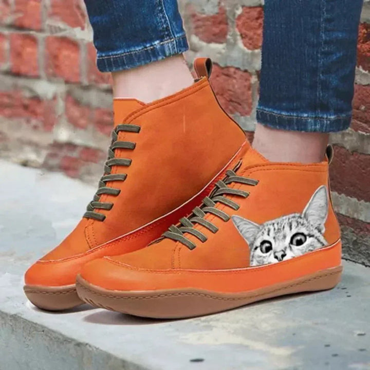 Women's Cat Print Lace-Up Leather Ankle Boots