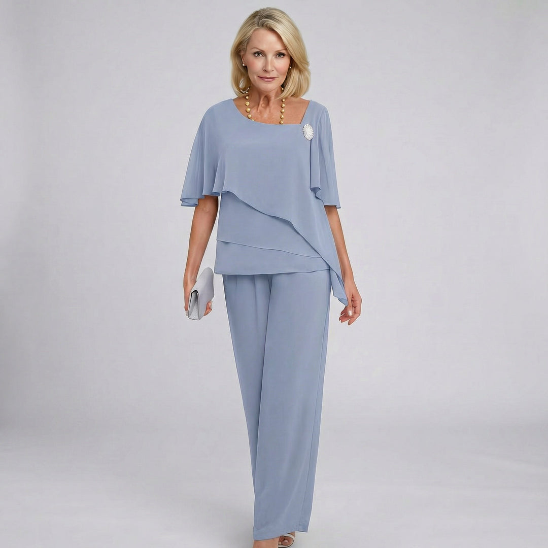 Women's Chiffon Cape Sleeve Wide Leg Two-Piece Set - Grey-Blue