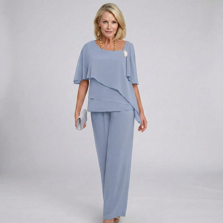 Women's Chiffon Cape Sleeve Wide Leg Two-Piece Set - Grey-Blue