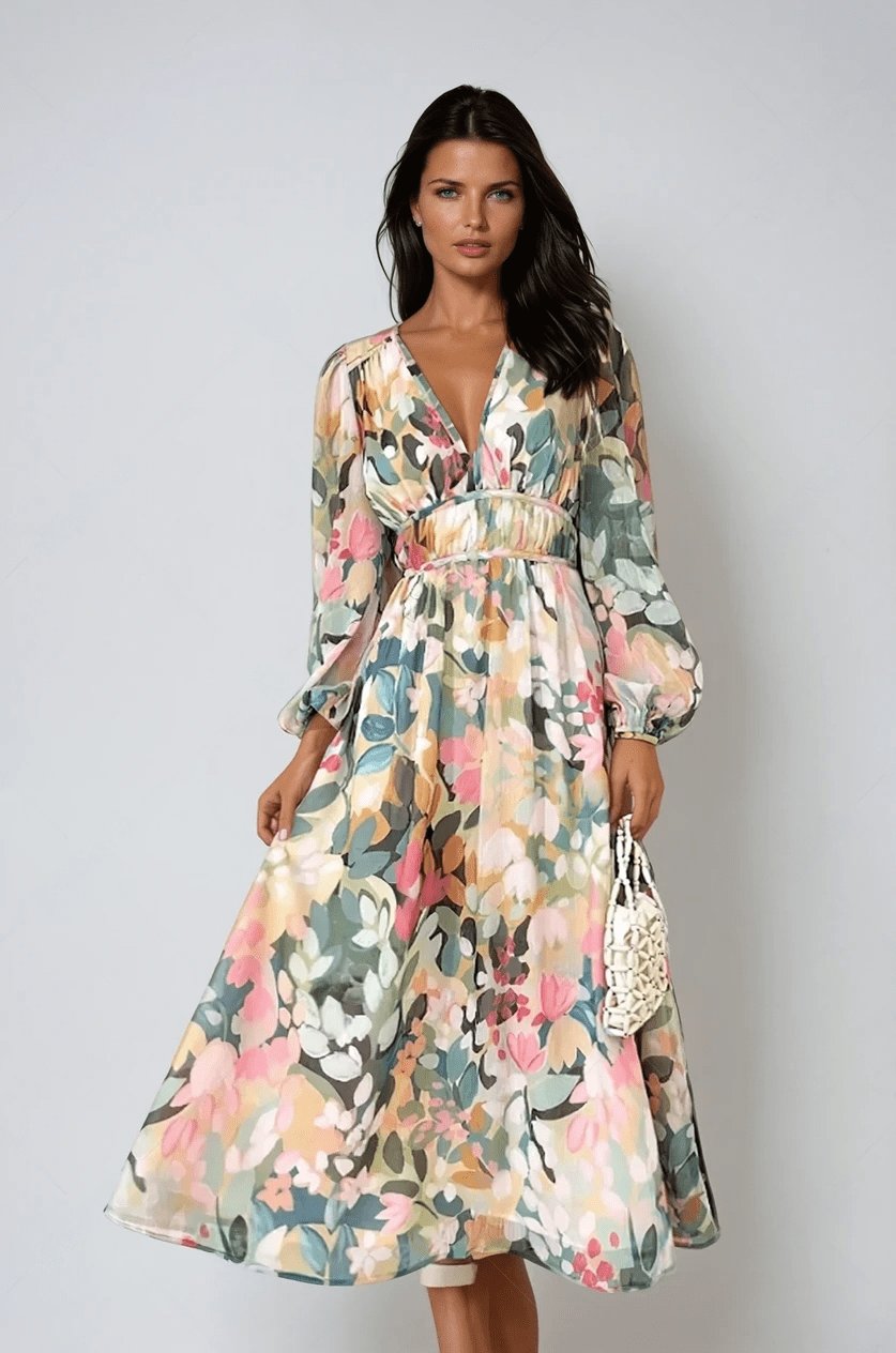 Sienna | Women's Chiffon Floral Puff Sleeve V-Neck Midi Dress - S - Fashion