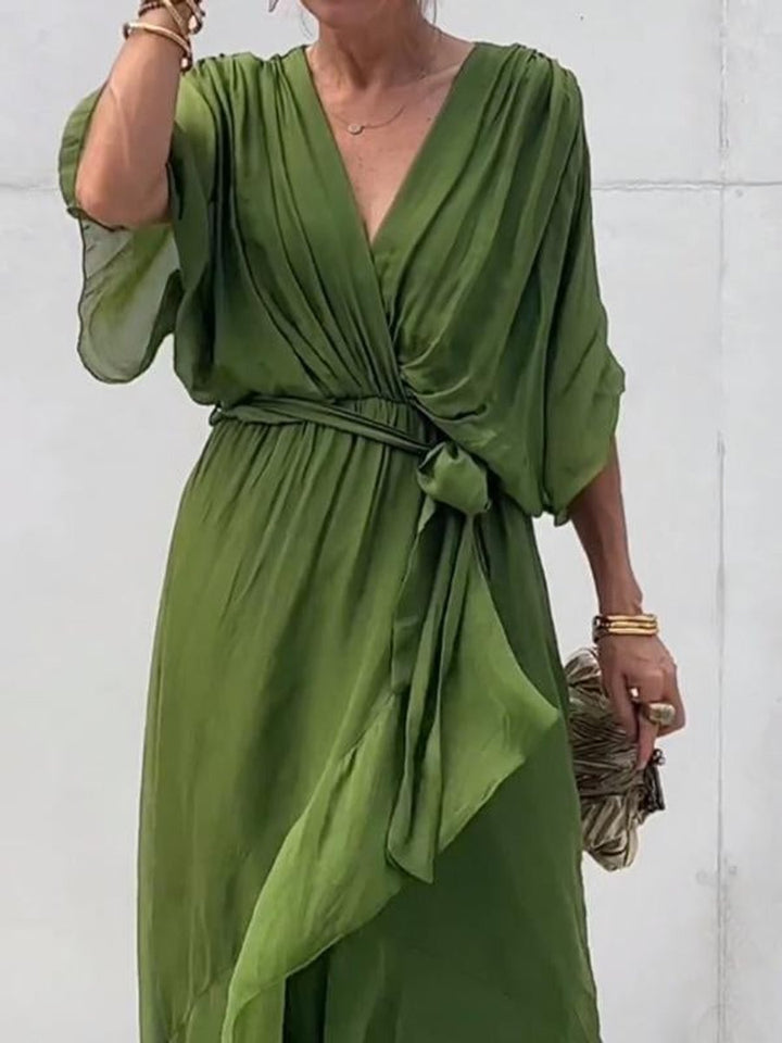Women's Chiffon V-Neck Belted Midi Cocktail Party Dress