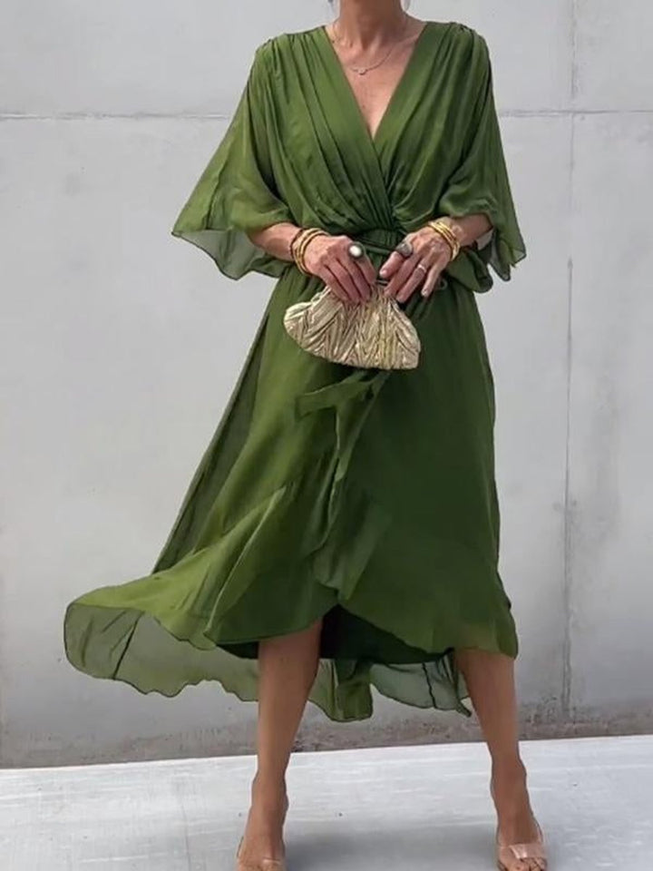 Women's Chiffon V-Neck Belted Midi Cocktail Party Dress
