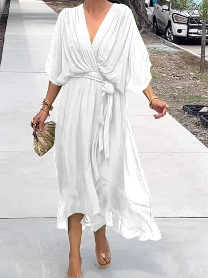 Women's Chiffon V-Neck Belted Midi Cocktail Party Dress - White