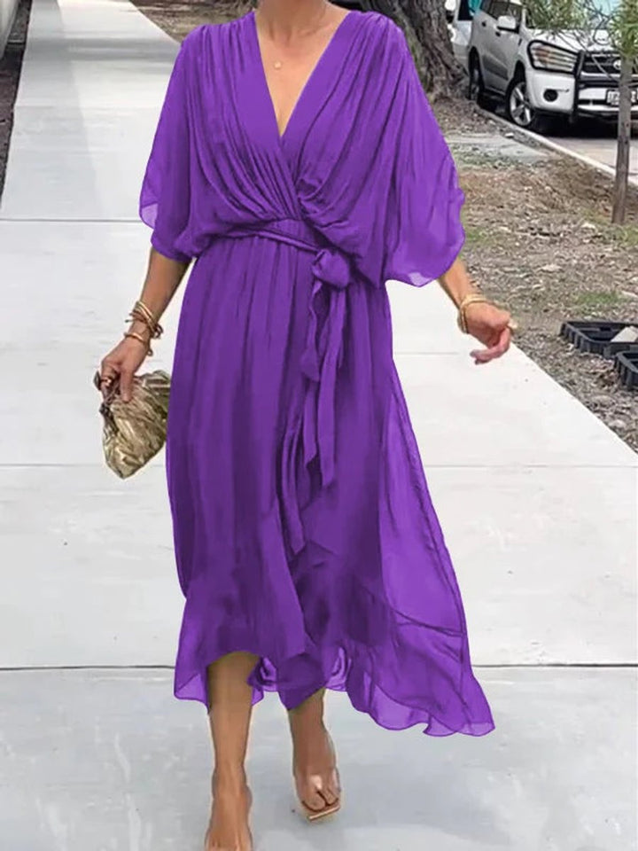 Women's Chiffon V-Neck Belted Midi Cocktail Party Dress - Purple