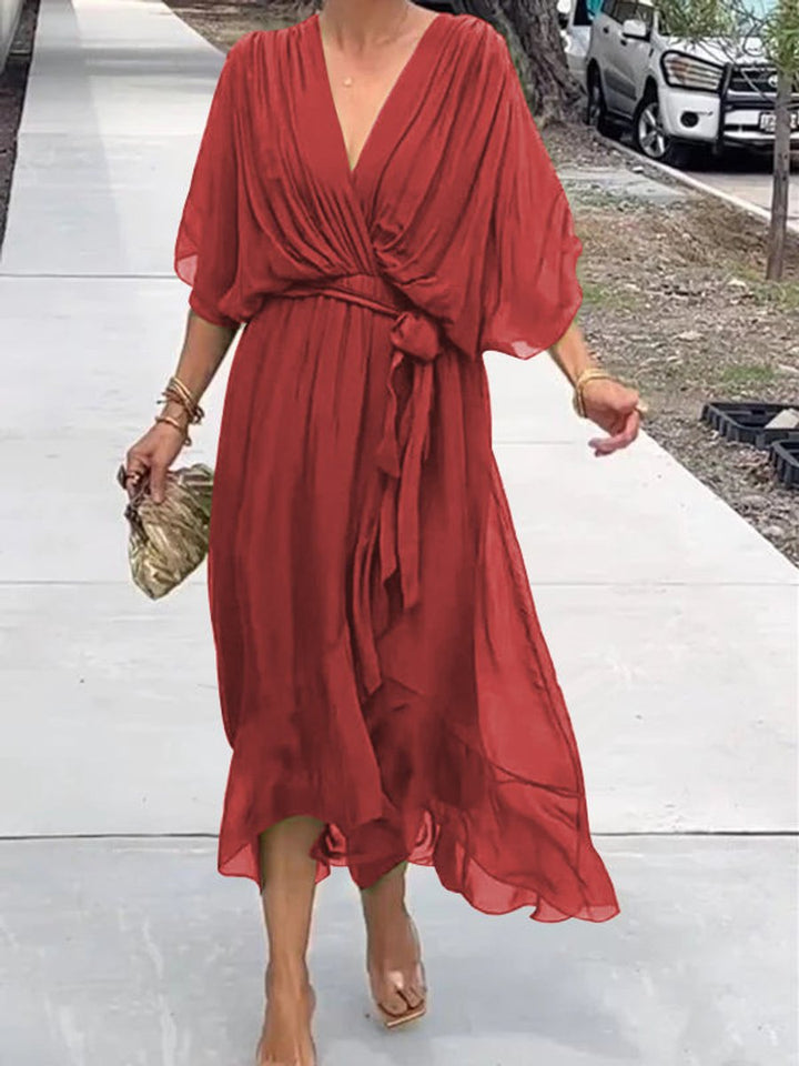 Women's Chiffon V-Neck Belted Midi Cocktail Party Dress - Red