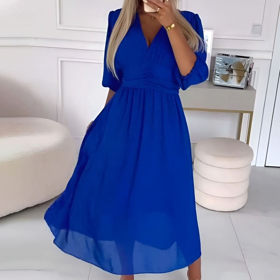 Women's Chiffon V-Neck Ruched Waist Flared Midi Dress