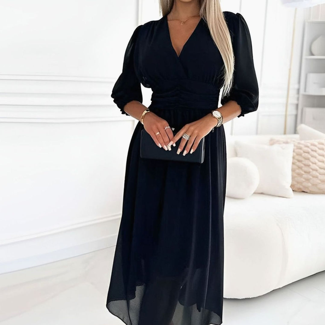Women's Chiffon V-Neck Ruched Waist Flared Midi Dress - Black