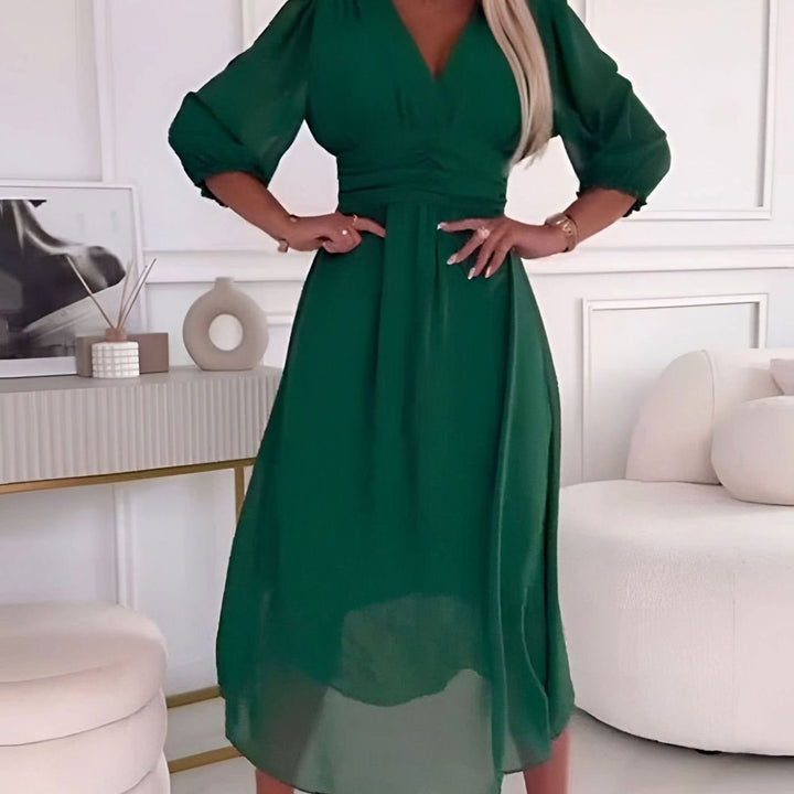Women's Chiffon V-Neck Ruched Waist Flared Midi Dress - Green