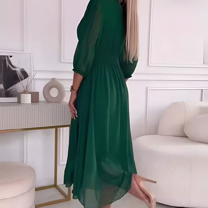 Women's Chiffon V-Neck Ruched Waist Flared Midi Dress