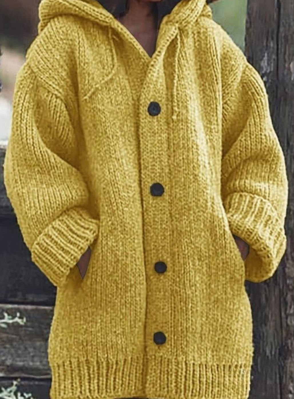 Women's Chunky Knit Hooded Oversized Button-Up Jumper Cardigan - Yellow